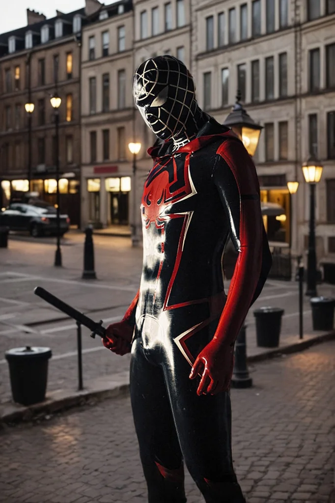 Men Latex Catsuits Male Spidey Warrior Black Latex Hooded&nbsp;Catsuit Superhero Style Creative Catsuit - Black & Red cosplay
