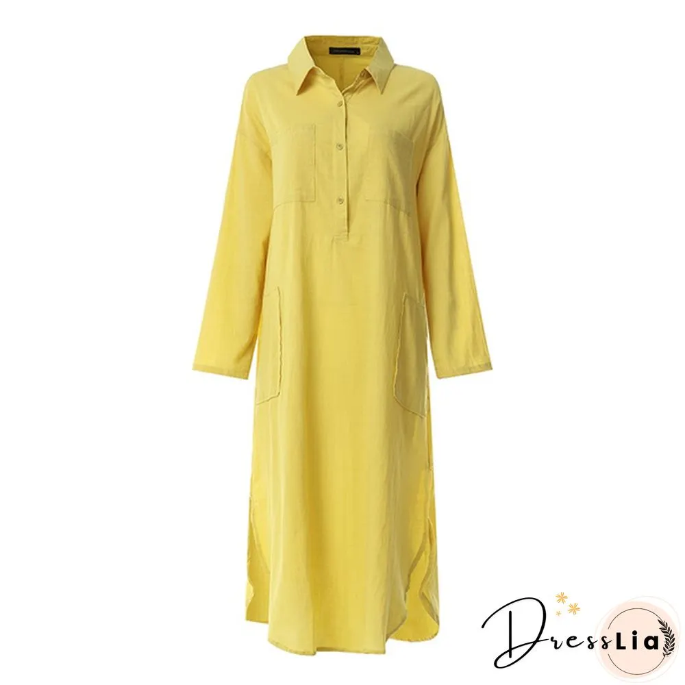 Spring Summer Fashion Women Solid Color Cotton Linen Button Shirt Dress Long Plus Size