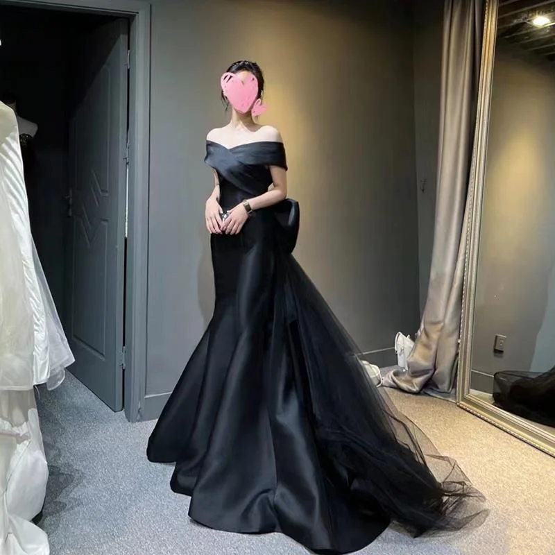 Zingj Black Evening Dress Women's 2025 New Word-Shoulder High-End Dinner Light Luxury Small Fishtail Dress High Sense