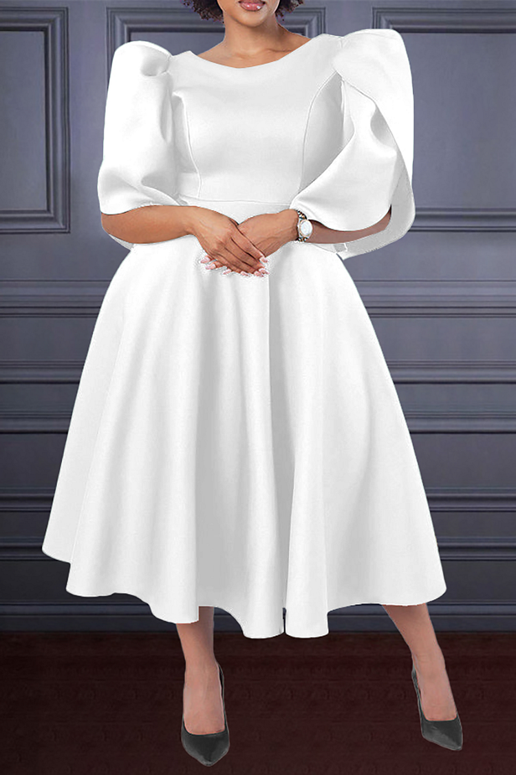 Plus Size White Formal Bubble Sleeve A-line Swing Midi Dresses [Pre-Order]