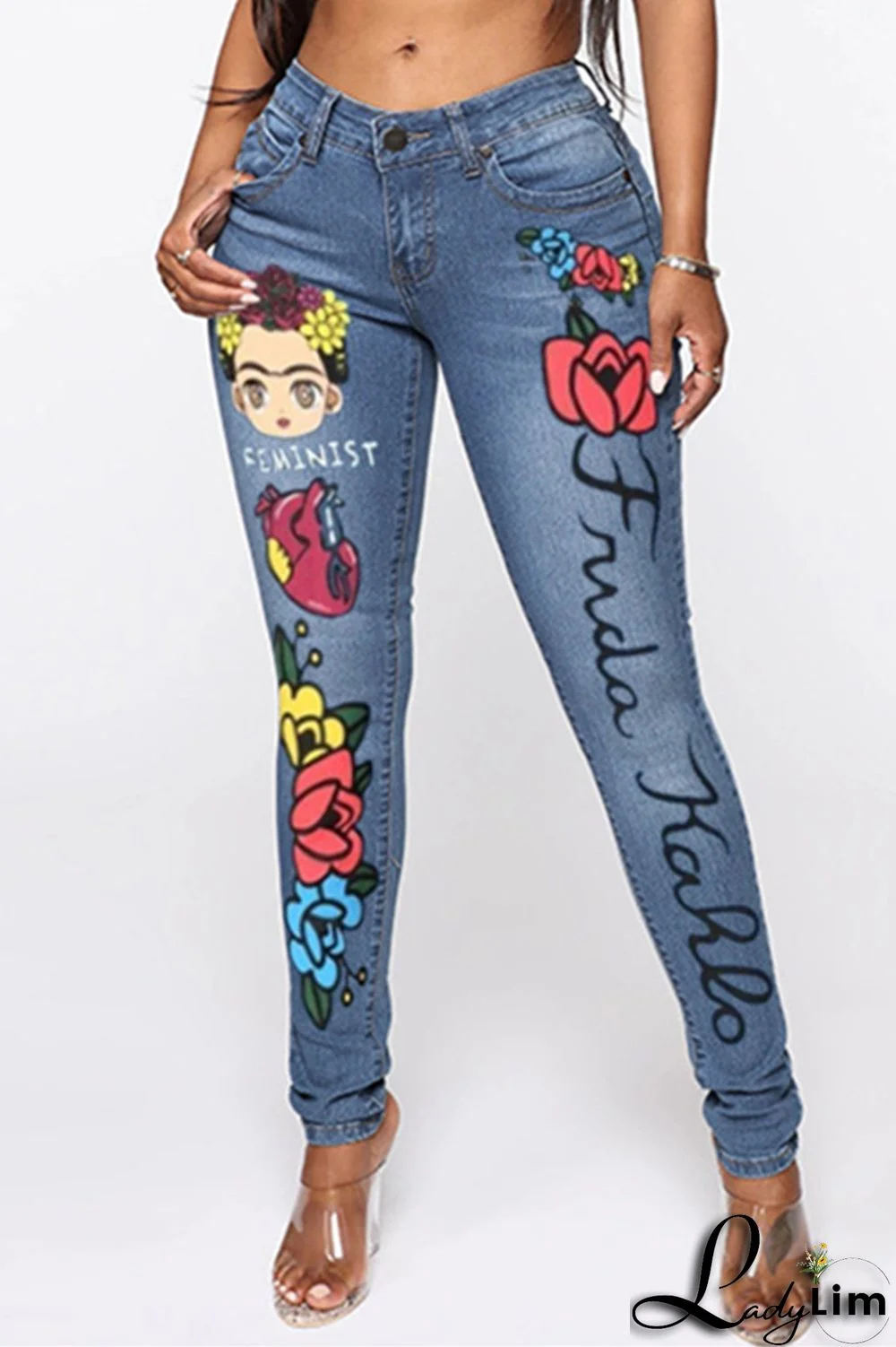Deep Blue Fashion Casual Print Patchwork Mid Waist Skinny Denim Jeans