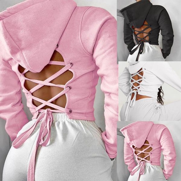 Women Autumn Fashion Long Sleeve Cross Bandage Backless Hoodie Sweatshirt Pullover Crop Tops - Shop Trendy Women's Fashion | TeeYours