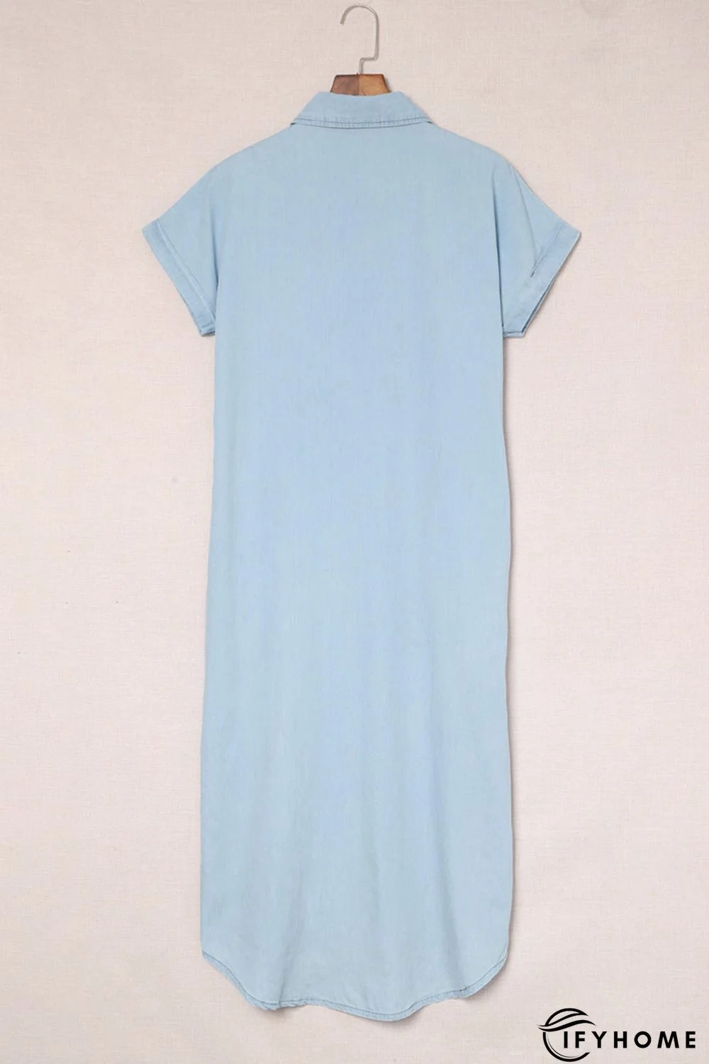 Sky Blue Chambray Shirt Short Sleeves Midi Dress | IFYHOME