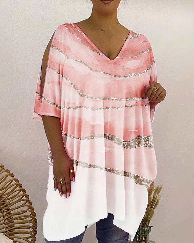 Casual V-Neck Loose Marble Print T-Shirt