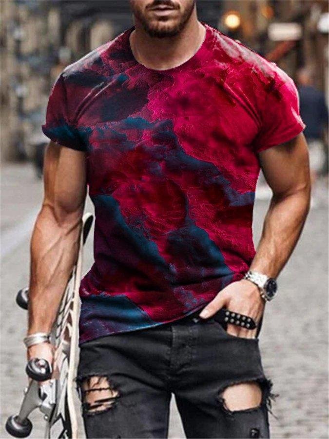 Men's Red Abstract Tie-dye Crew Neck Casual Shirts & Tops