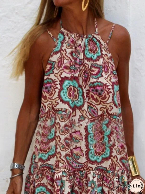 Printed Sleeveless Sling V-Neck Swing Dress