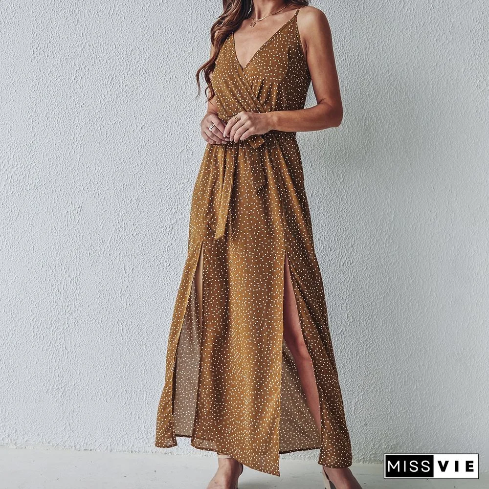 Woven V-neck Sling Floral Lace Up Dress Women's Dress