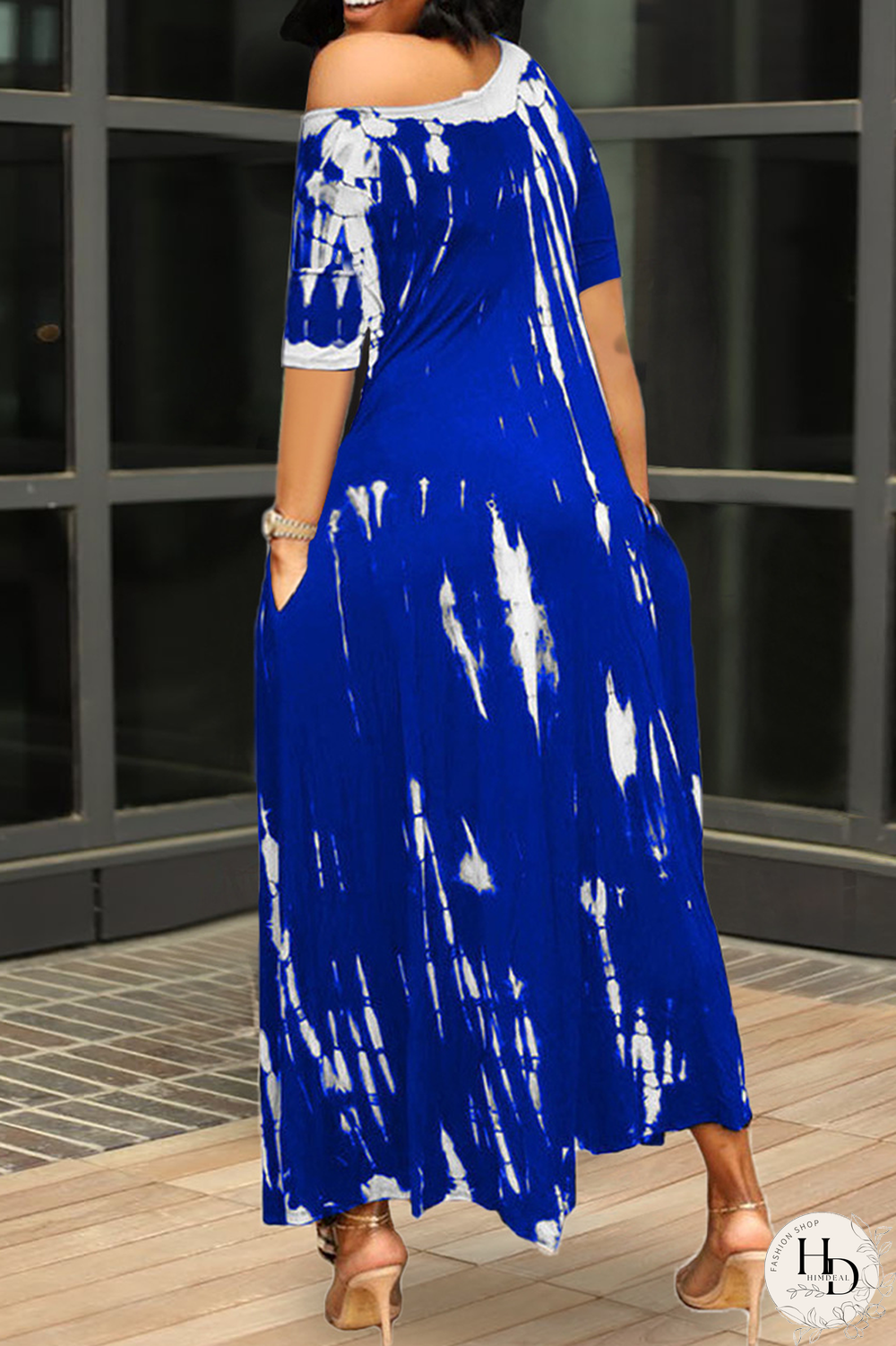 Tangerine Red Casual Print Split Joint One Shoulder Irregular Dress Dresses