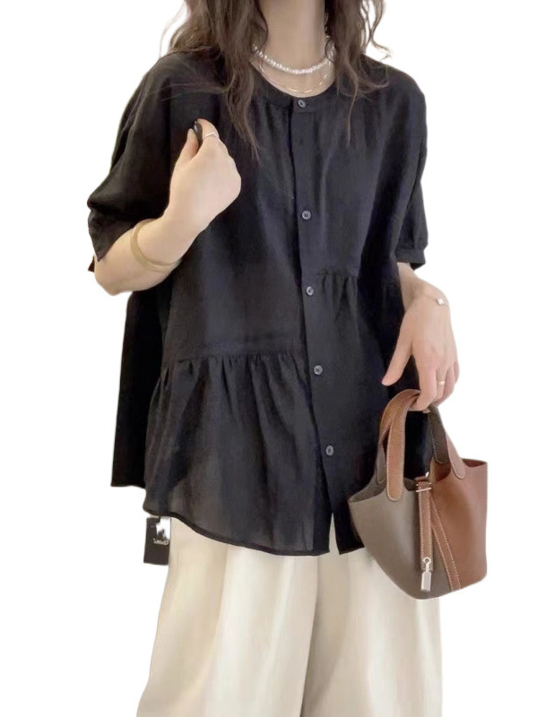 Button Up Solid Color Short Sleeve Round Neck Casual Shirt