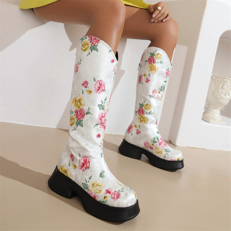 Women's flower print boots under knee Chunky platform pull on boots