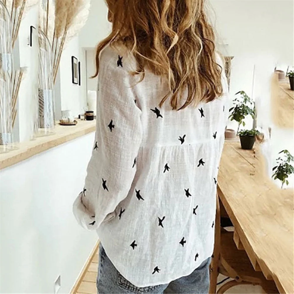 Casual Long Sleeve Loose Shirts Women Cotton Linen Birds Print Blouses LadiesTops Vintage Streetwear 5XL Female Tunic