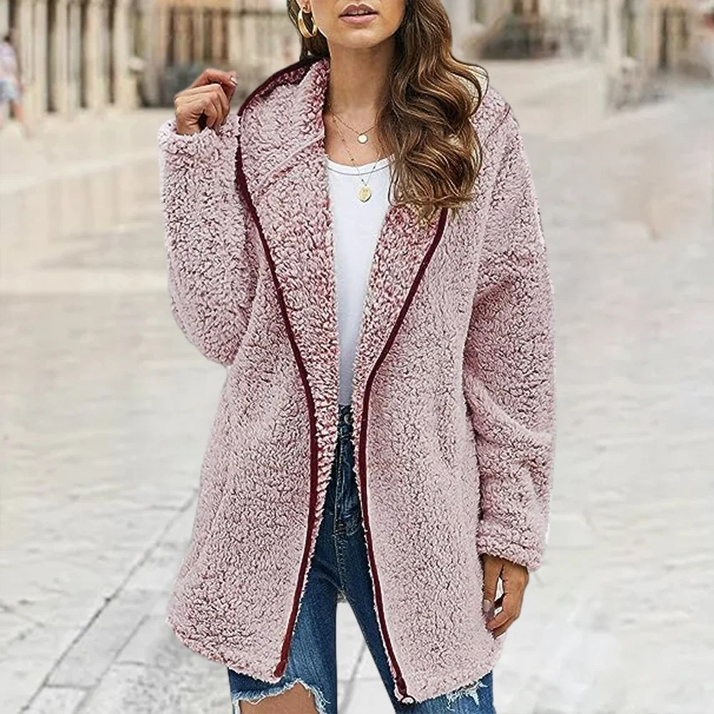 Smiledeer New winter women's casual solid color lapel hooded plush jacket