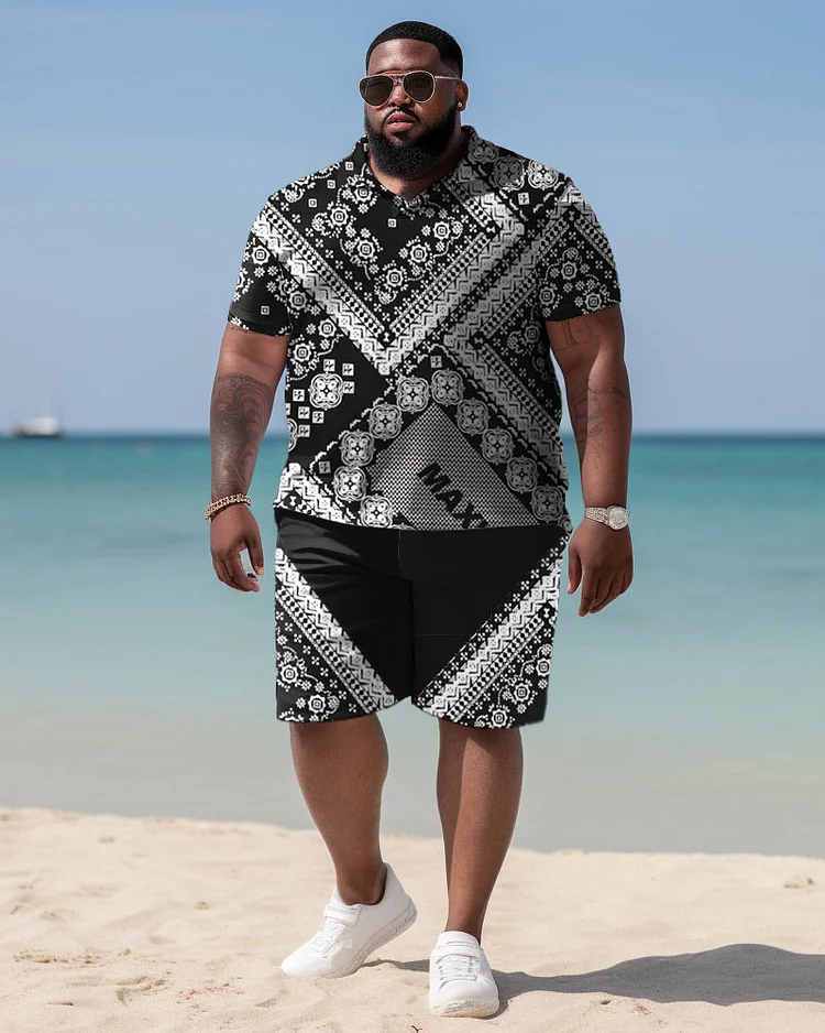 Men's Plus Size Cashew Flower Print Short Sleeve Shirt Shorts Suit