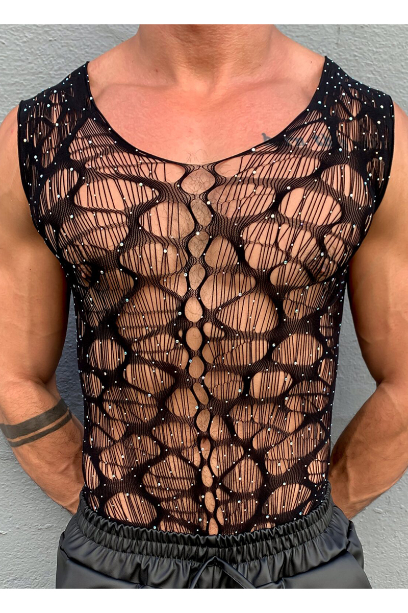 Ciciful Ripped Hollow Out Rhinestone See Through Black Bodysuit