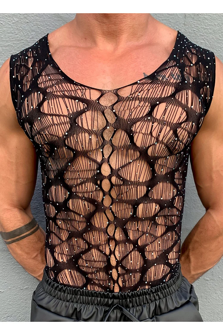 Ciciful Rhinestone Fishnet See-Through Hollow Out Black Bodysuit