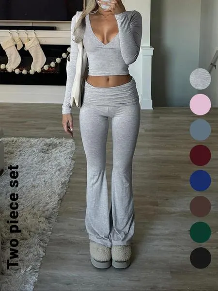 Elegant Casual V-Neck Long Sleeve Two-Piece Set, Slim-Fit Crop Top & Pants for Fall Winter, Moderate Fabric, Plain Color Design