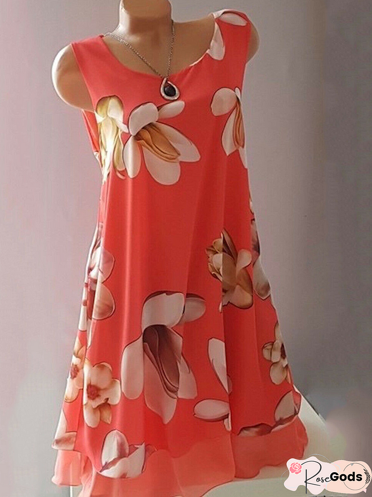 Women Casual Daily Crew Neck Sleeveless Floral-Print Comfy Dress