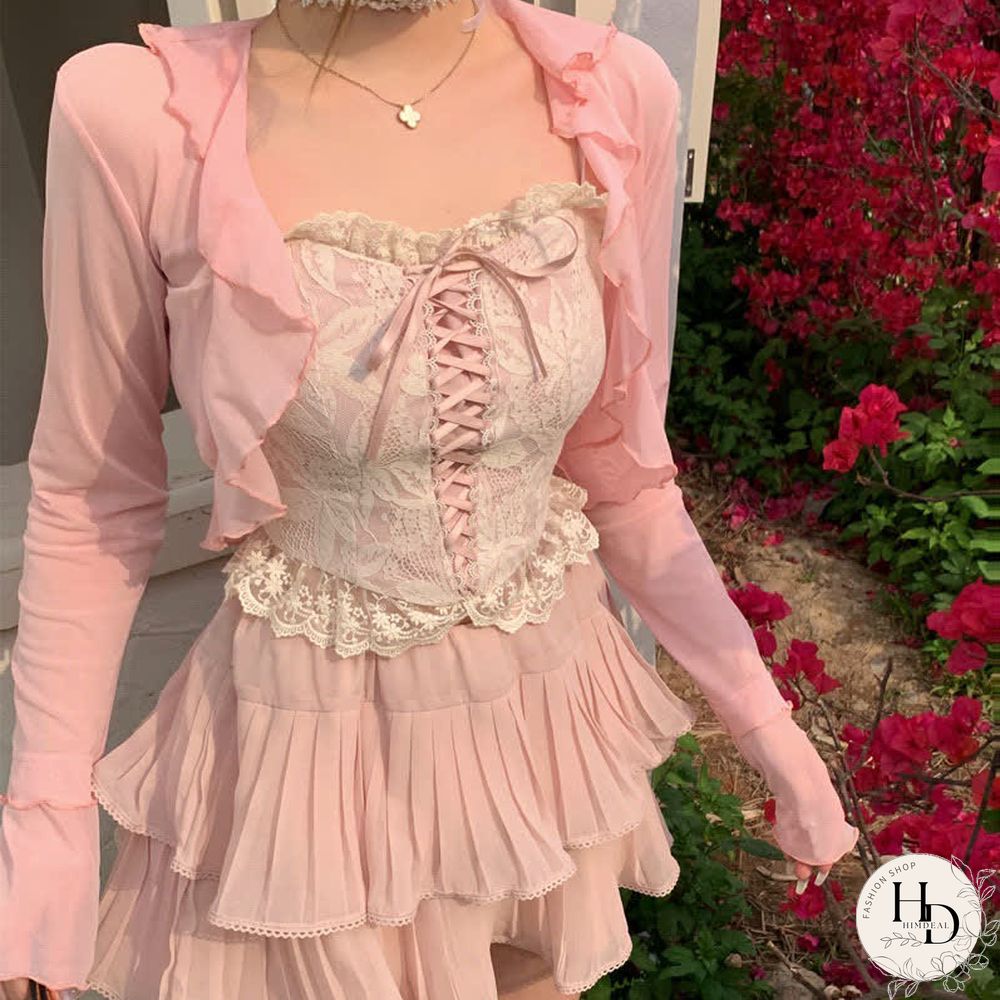 Pure Color Cardigan Lace-up Lace Corset Top Layered Mini Skirt