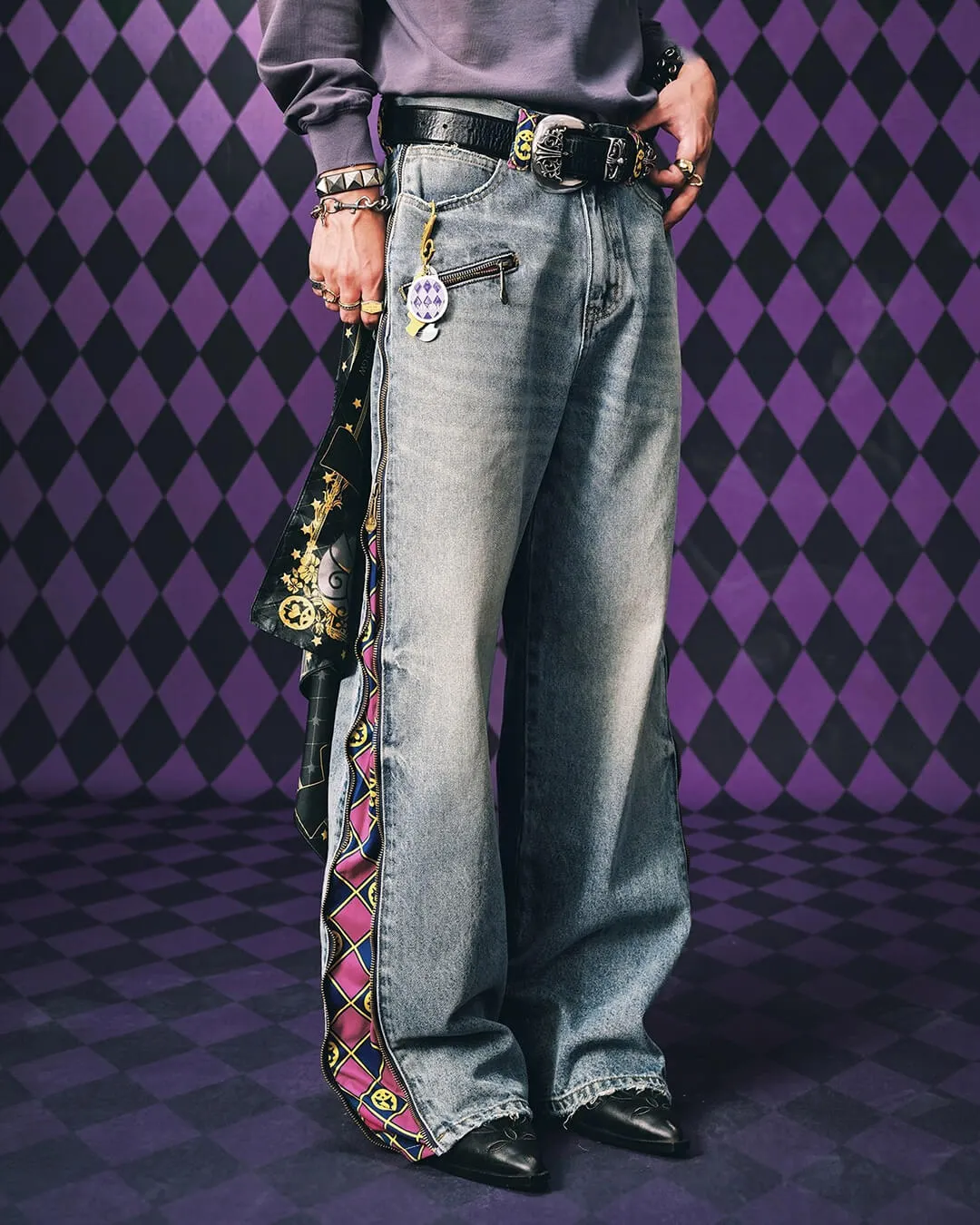 JOJO Side Zipper Contrast Checkered Washed Jeans