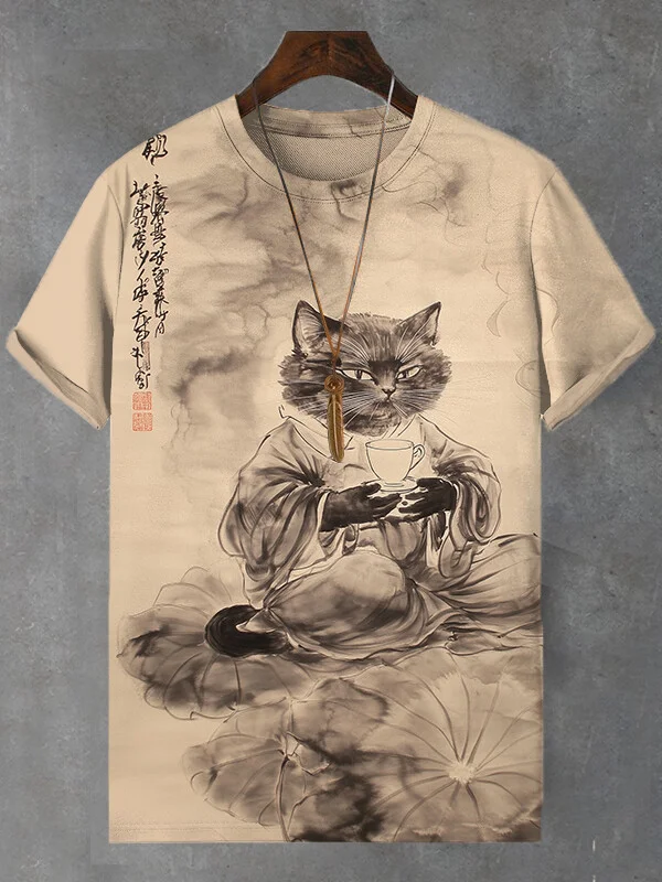 Men's Cat Tea Ceremony Lotus Leaf Print T-Shirt