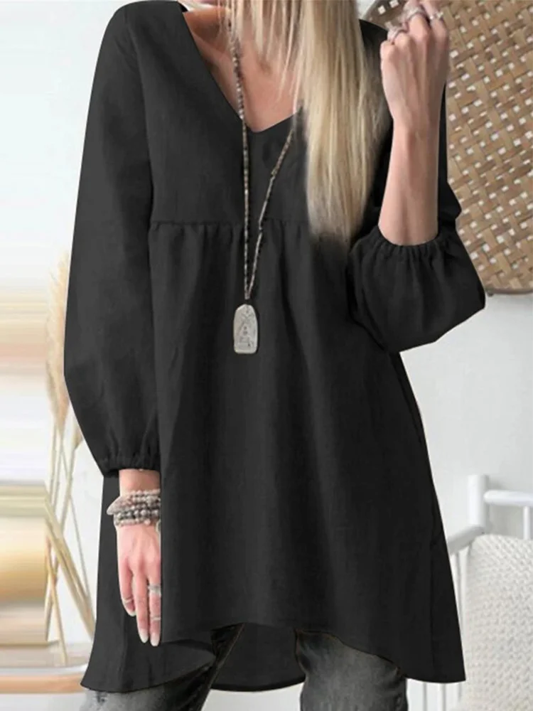 Solid Color V-Neck Pleated Lantern Sleeve Casual Cotton And Linen Shirt