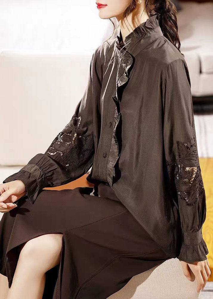 VCSHOES Chocolate Ruffled Hollow Out Chiffon Shirt Long Sleeve