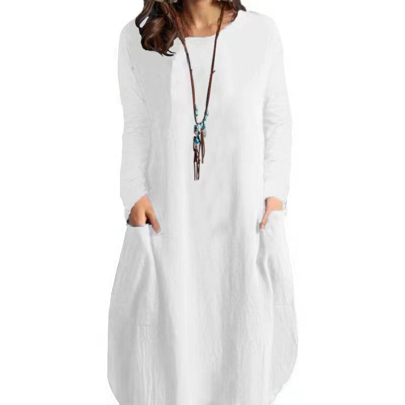 Cotton Linen Pocket Retro Fashion Solid Color Casual Loose Long Sleeve Dress