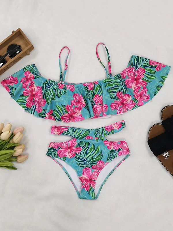 Off-The-Shoulder Floral Falbala Hollow High-Waisted Bikini Siwmwear