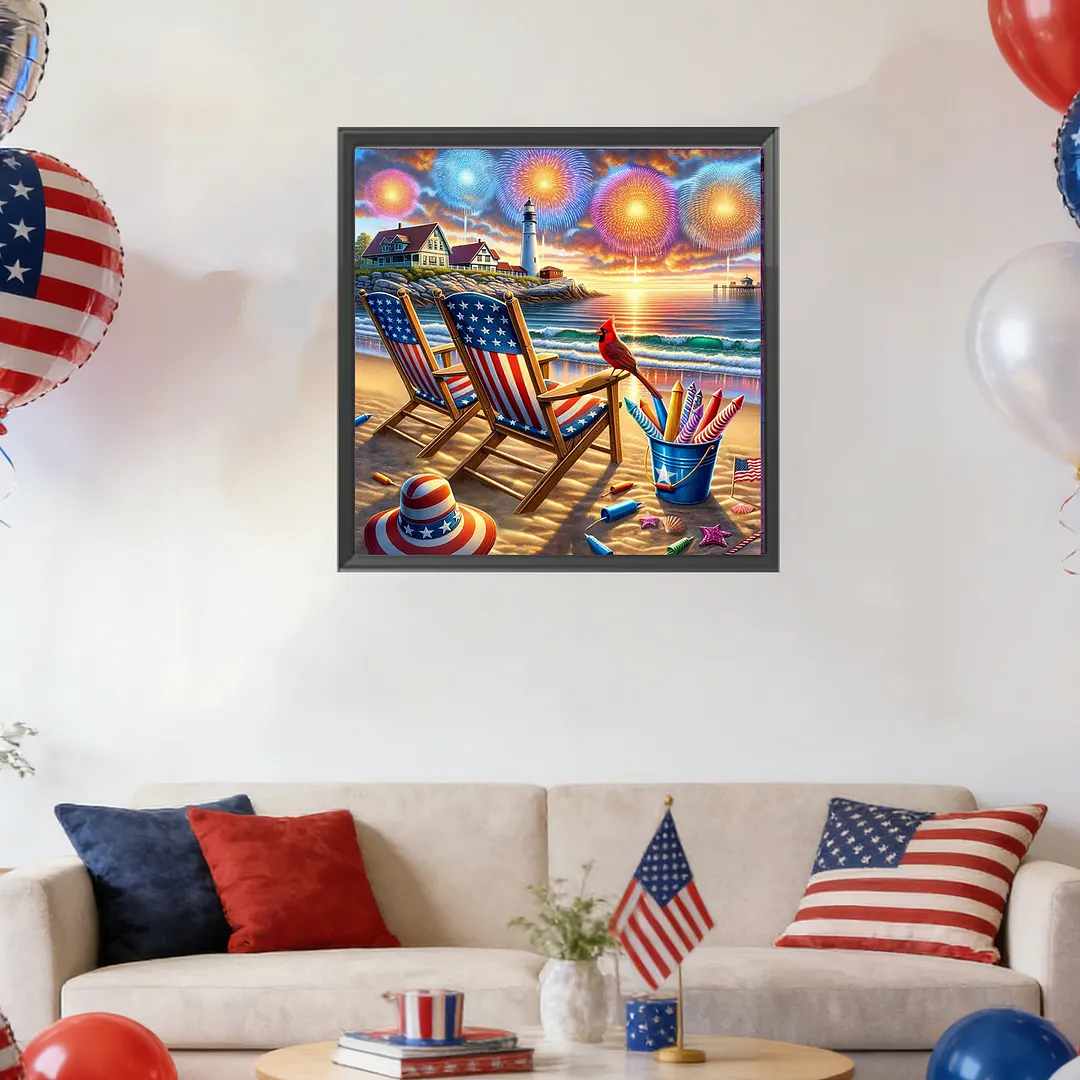 Patriotic Beach Sunset Full DIY 5D Square Drill Diamond Painting Gem Art for Adults/Beginners Gift Idea Home Wall Decor Diamond Dots Paintings Picture Arts Craft 13.78x13.78In