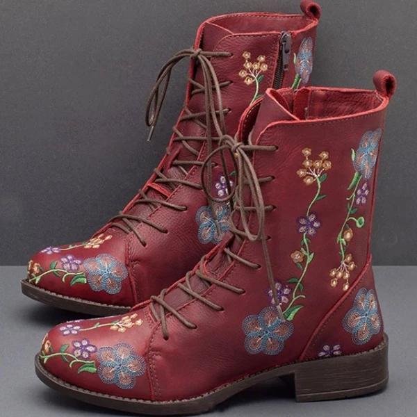 Women Retro Flowers Embroidered Leather Strappy Zipper Block Heel Mid Calf Boots -boots