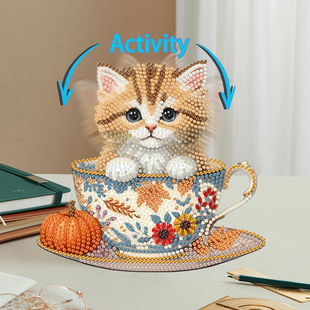 2D Flat Cat DIY Shaking Head Teacup Cat Diamond Painting Desktop Decorations