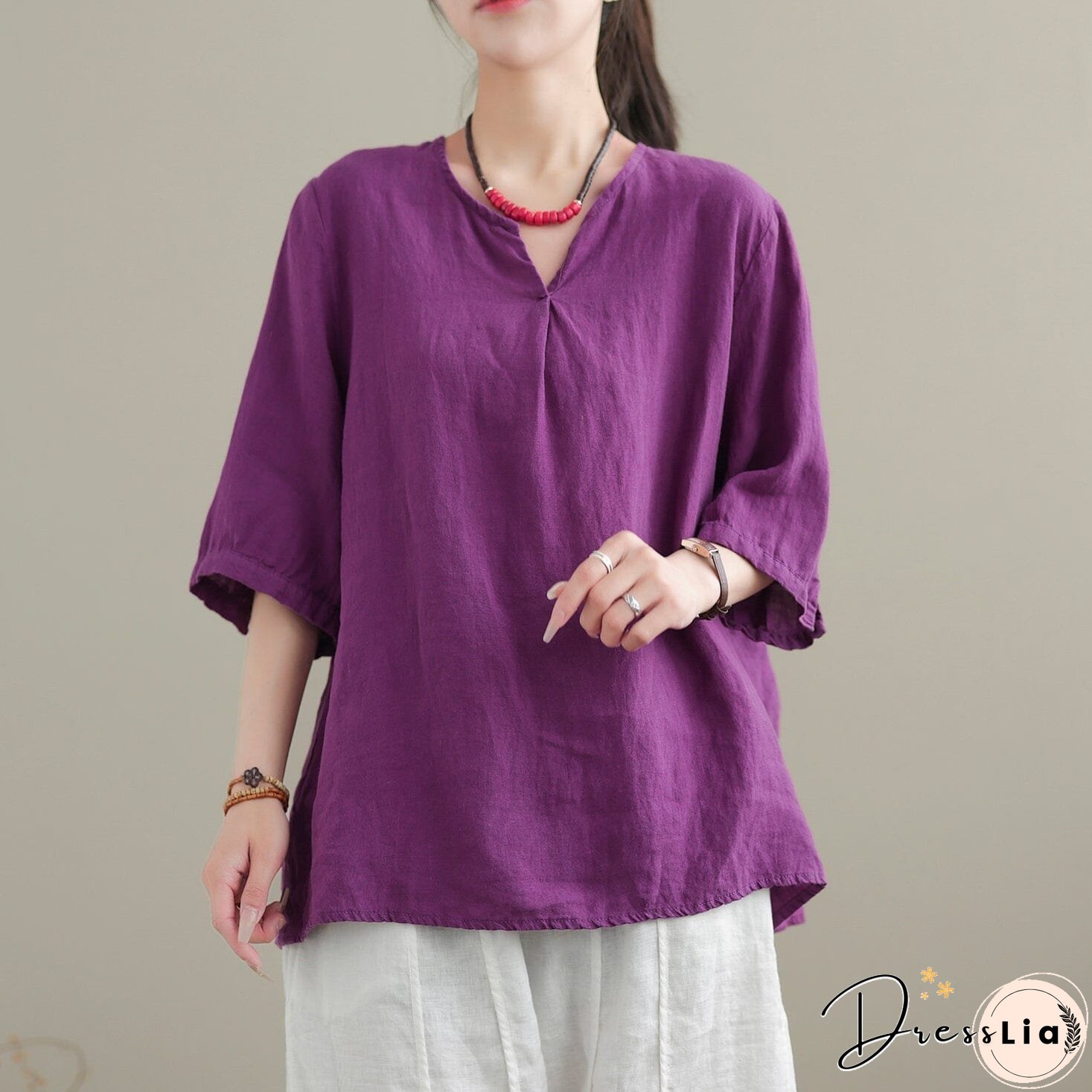 Loose Summer Solid Color Minimalist Casual V-Neck Tops