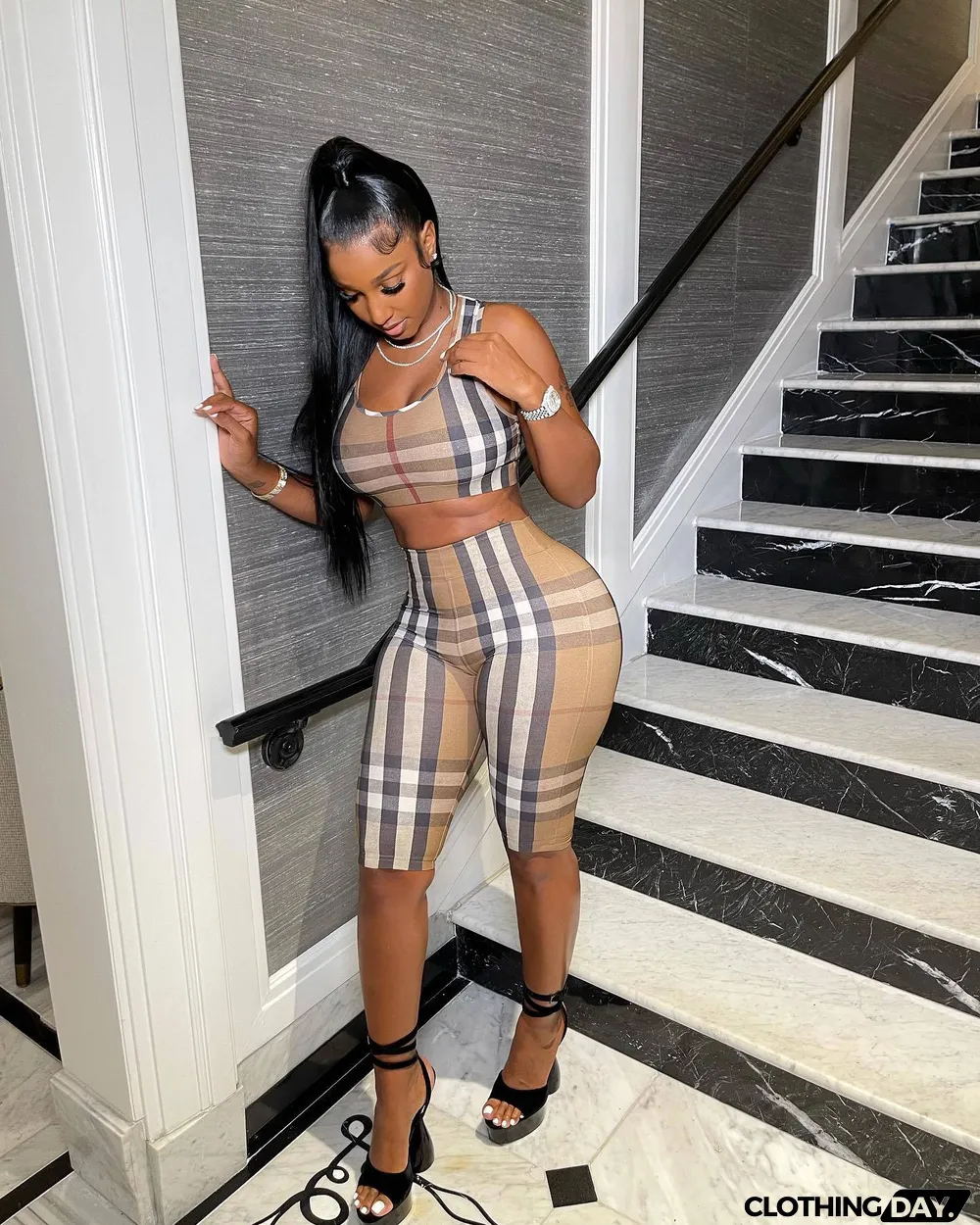 Plus Size Plaid Tank Top And Shorts 2 Piece Sets