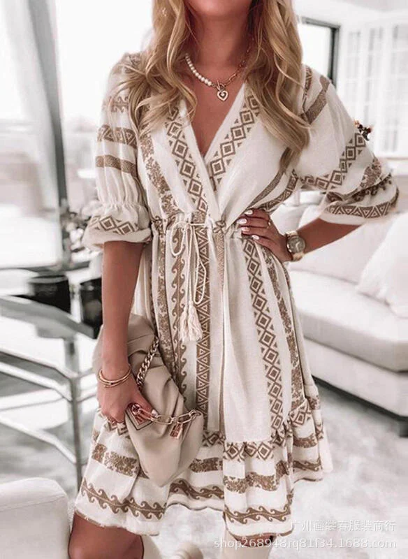 Dubeyi Neck Print Dress New 2023 Women Lace Up Tight Waist Y2k Streetwear Petal Half Sleeve Loose A Line Dresses Summer Vestidos