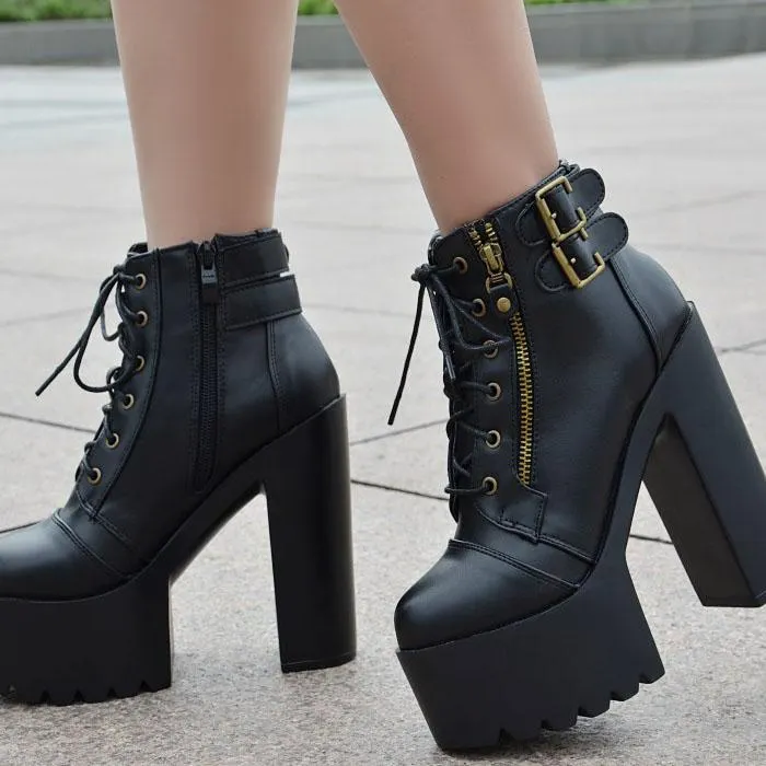 VCSHOES Lace Up Zipper Platform Super High Heels Ankle Boots