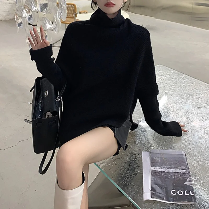Churchf Churchf Winter Korean Version High Collar Hem Irregular Niche Design Sense Sweater Loose Lazy Wind Soft Waxy Knit Female Top