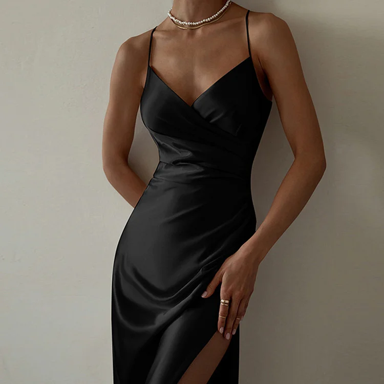 Black Slip Backless Split Dress QueenFunky
