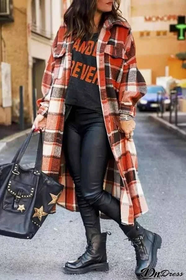 Lapel Plaid Coat Tops