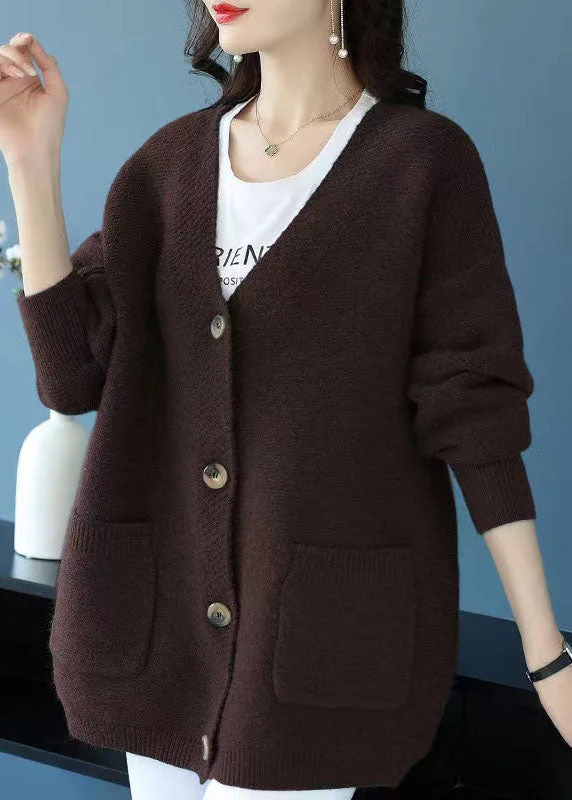 Coffee Pockets Patchwork Cashmere Cardigans V Neck Button Fall