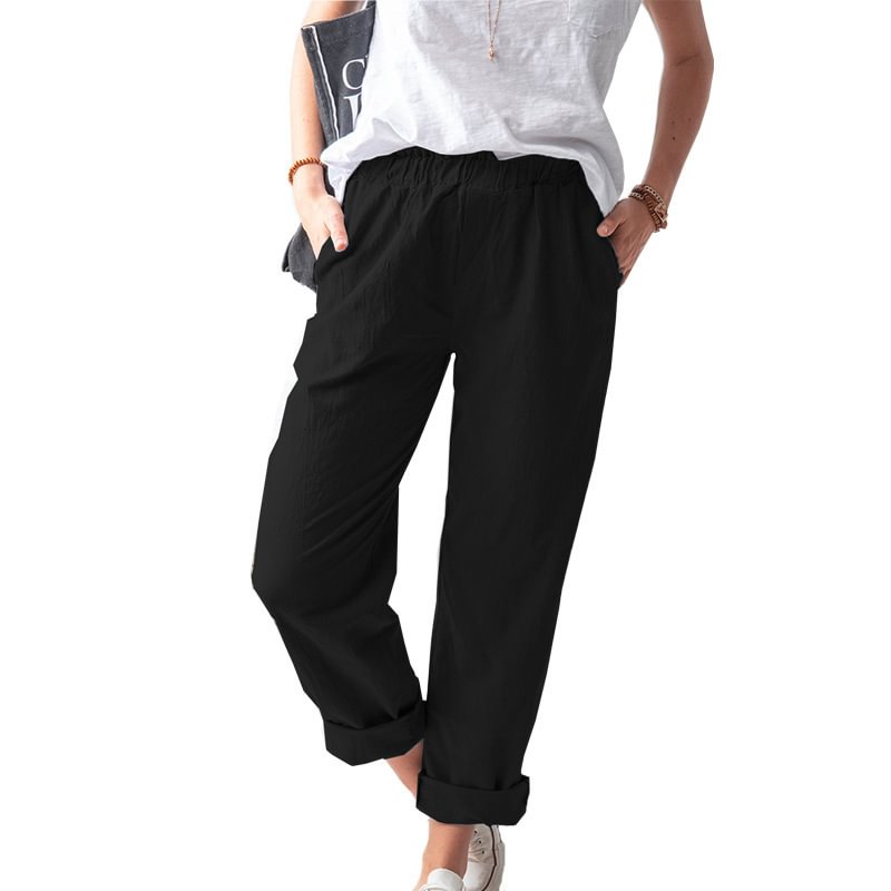 Women Cotton Linen Trousers Color Casual Elastic Waist Straight-leg