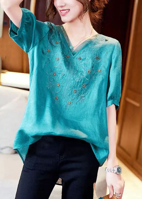 French Blue V Neck Embroideried Patchwork Cotton T Shirt Short Sleeve