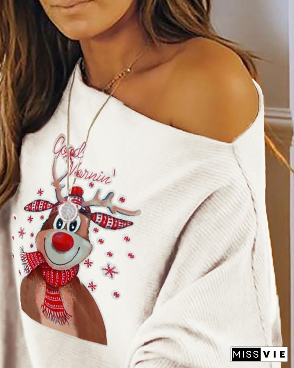 Christmas Moose Print Long Sleeve Casual Sweatshirt