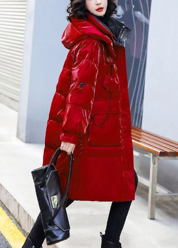 Fashion Red Stand Collar Zippered Patchwork Bright Hooded Long Fine Cotton Filled Coats Winter
