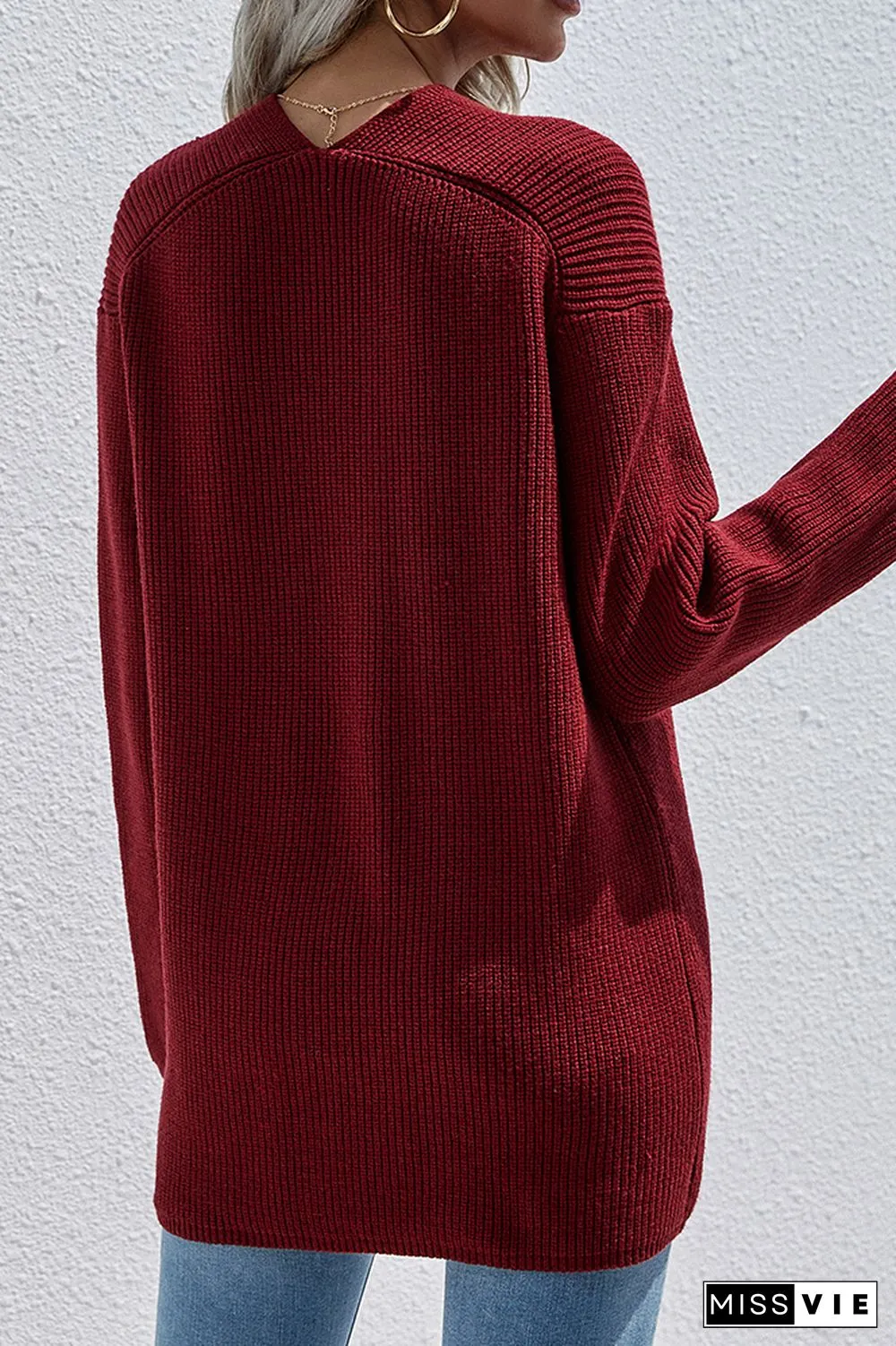 V-neck Long Sleeves Loose Solid Color Pullover Sweater Wholesale