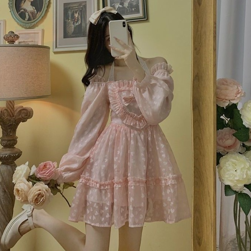 Pink Lace Bubble Sleeve Sweet Lolita Party Mini Dress PE121