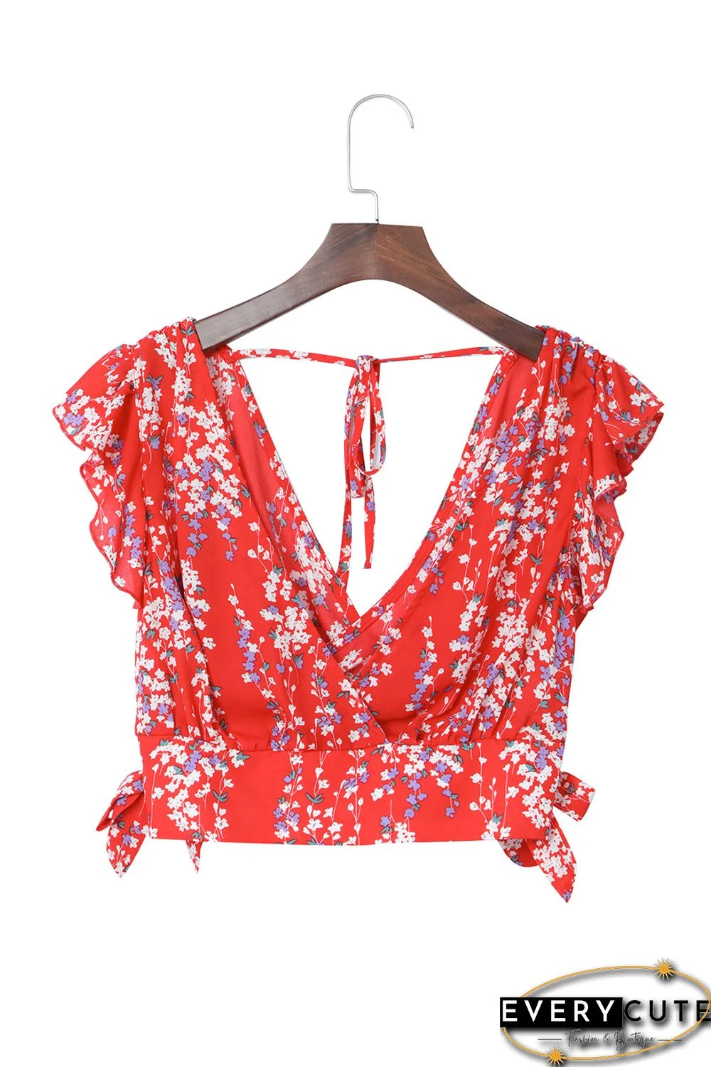 Red Multicolor Floral Ruffled Crop Top and Maxi Skirt Set