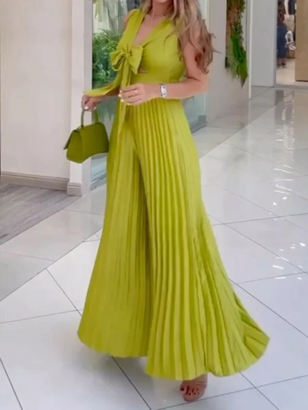 Bowknot Plain Pleated Sleeveless V-neck Maxi Dresses