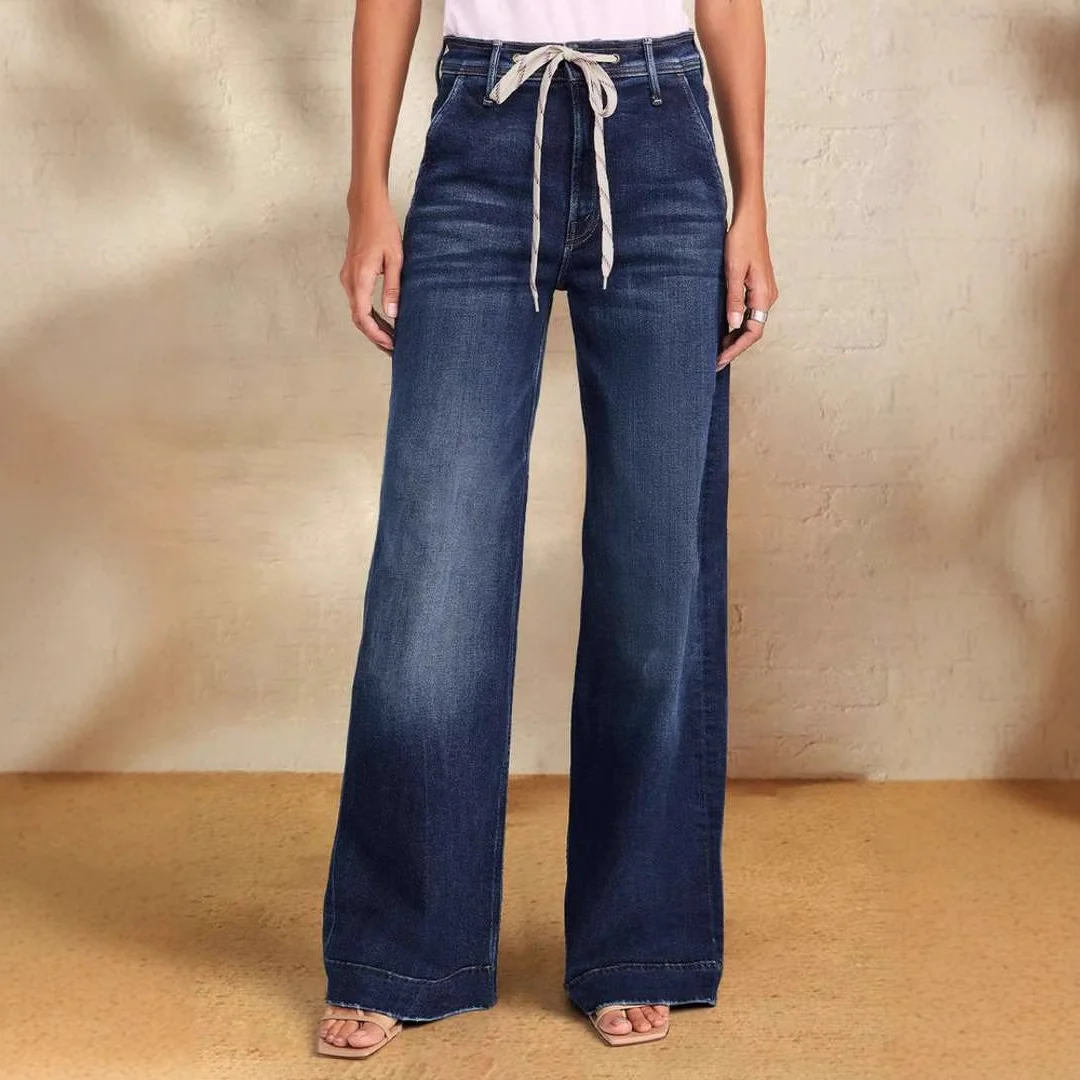Women's Lace-up Elastic Jeans Straight Wide-leg Denim Jeans