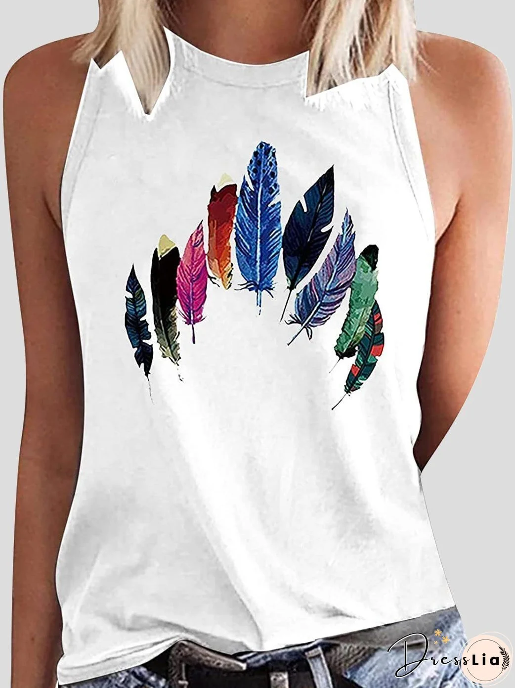 Round Neck Colored Feather Printed Sleeveless Womens Vest