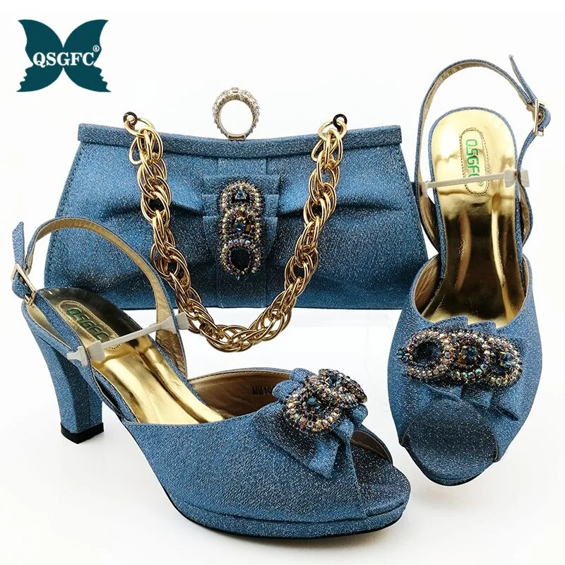 Latest Design Women Italian African Party Pumps Shoes and Bag Set Decorated with Rhinestone Women Shoes and Bag Set In Blue